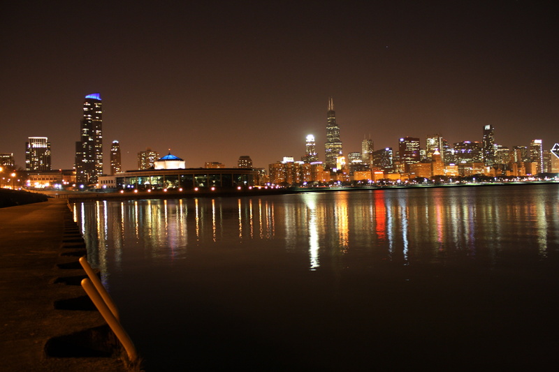 building, waterfront, office building exterior, district, night, illuminated, shoreline, chicago, lights, reflected, modern, willis tower, tall - high