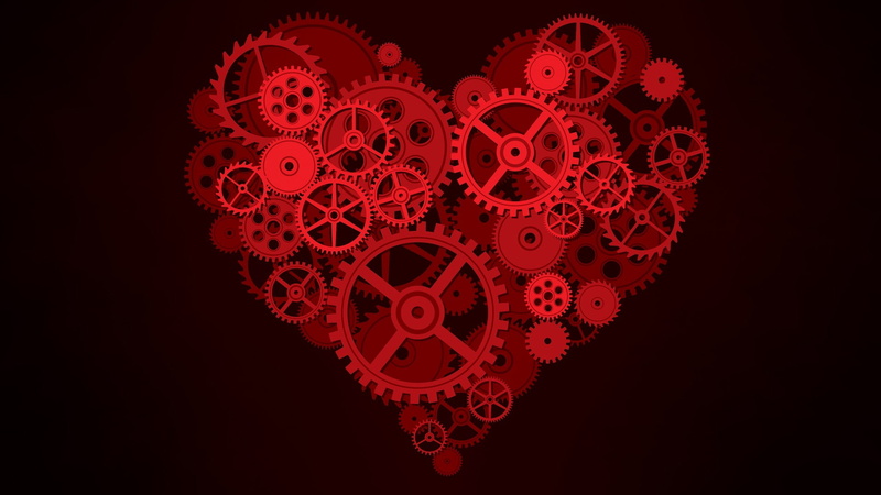 1920x1080, minimalism, circle, shape, clockwork, 1080P, red, gears, gear, illustration, background, heart
