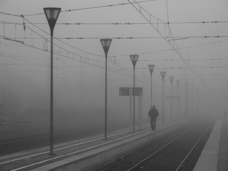 outdoors, one person, fog, railroad station platform, mode of transportation, connection, technology, power supply, melancholy, 4K, transportation, symbol