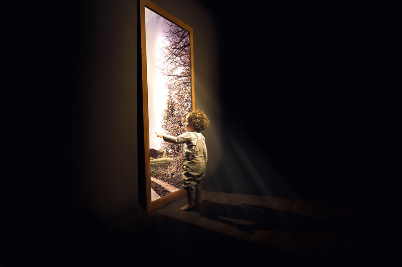 the door, 2K, s, output, dark room, boy, gray, child, dungaree
