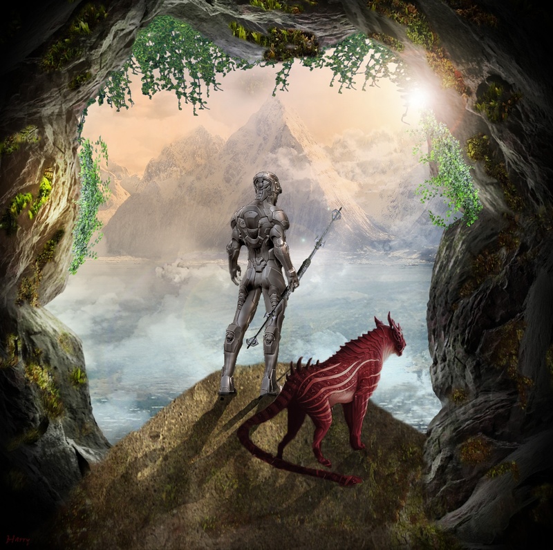 sunlight, mountain, landscape, fantasy, country wide, creature, sun, red, cloud - sky, cyborg, mood, distant, creativity, no people, sky, warrior, cave