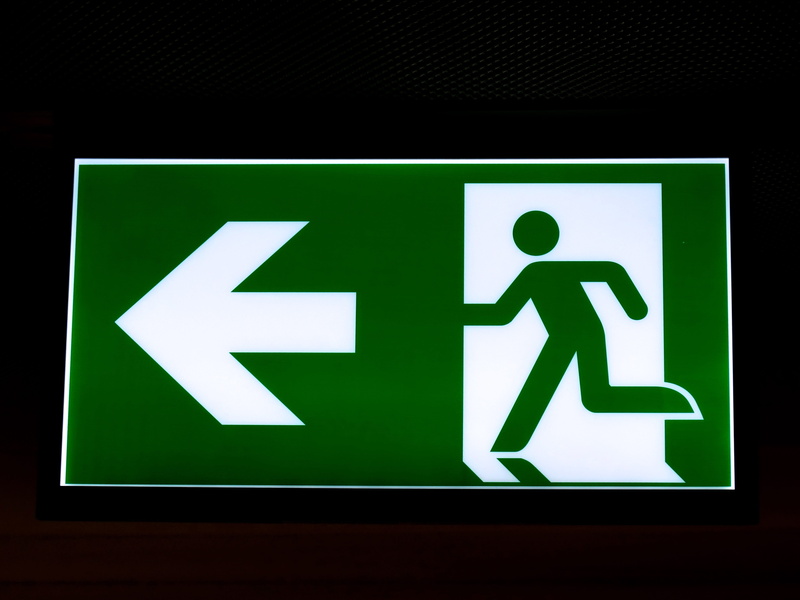 information sign, Fire Exit, arrow symbol, urgency, direction, information symbol, human representation, output, green, indoors, symbol, no people, illuminated