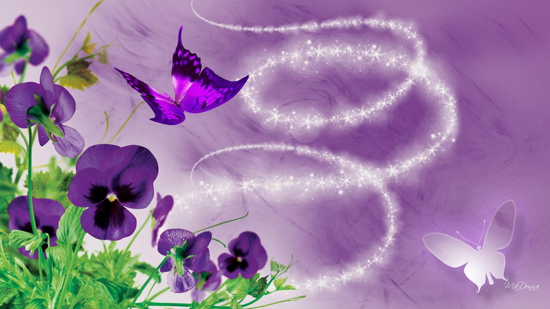 pansy, pansies, purple, 3d and abstract, angel dust, butterflies, flowers, 1080P, prize, shine, sparkle stars, dazzle