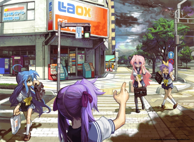 720P, hair bows, women, men, city, schoolgirl, Hoshizora Miyuki, trees, crossroads, building exterior, purple eyes, road sign, young adult, Izumi Konata