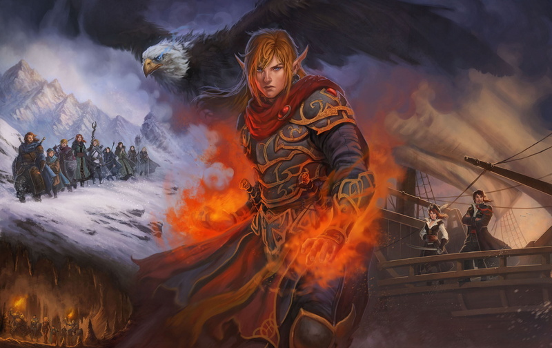 ship, illustration to the book, eagle, burning, travelers, elf, Runefell, hike, male, clothing, crossroads, cave, flame, occupation, magic, protection