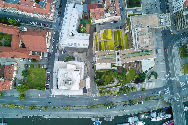 roads, buildings, aerial, land vehicle, architecture, aerial view, houses, building, mode of transportation, building exterior, no people, modern, motor vehicle