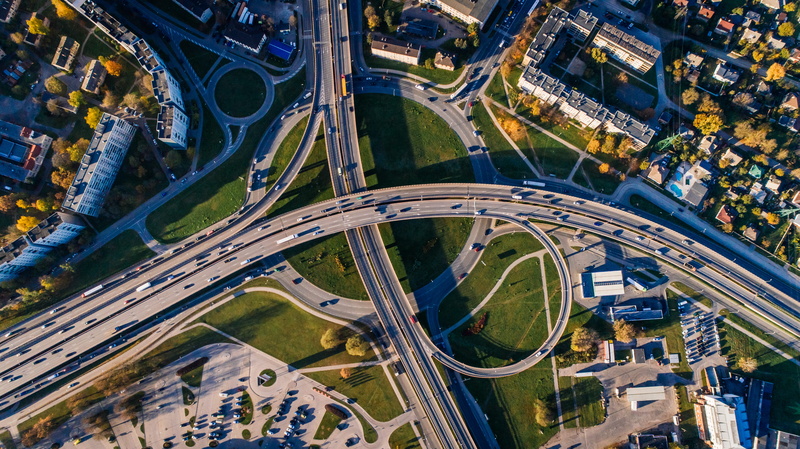 5K, real estate, no people, roads, high angle view, landscape, clouds, city street, sunny day, aerial view, royalty  images, highway, architecture, building exterior