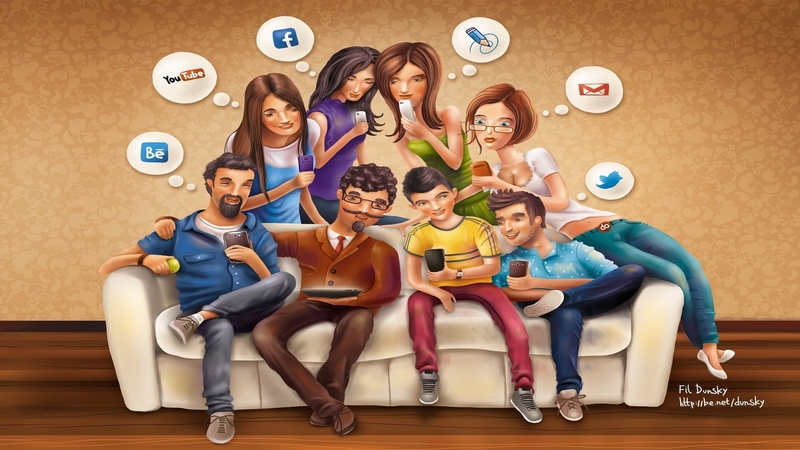 friendship, sofa, fun, lifestyles, men, group Of People, smiling, variation, vector, social networks, facebook, togetherness, real people, sitting, team