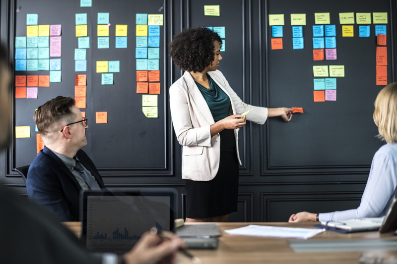 corporate business, teamwork, wall, sticky note, board, group of people, communication, formal businesswear, males, 4K, sticking, business person, westerner