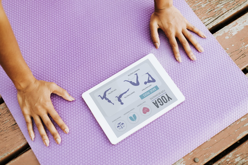 lifestyles, hand, human hand, mobile, focus, pose, looking, electronic, yoga mat, yoga pose, screen, wooden background, portable, adult, 4K, gadget, acro yoga