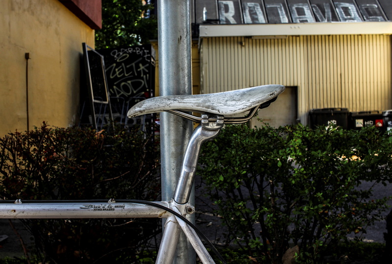 especially, unusual, building, architecture, tree, metal, day, city, cream, saddle, shiny, drive, detail, residential district, retro, bike, transport