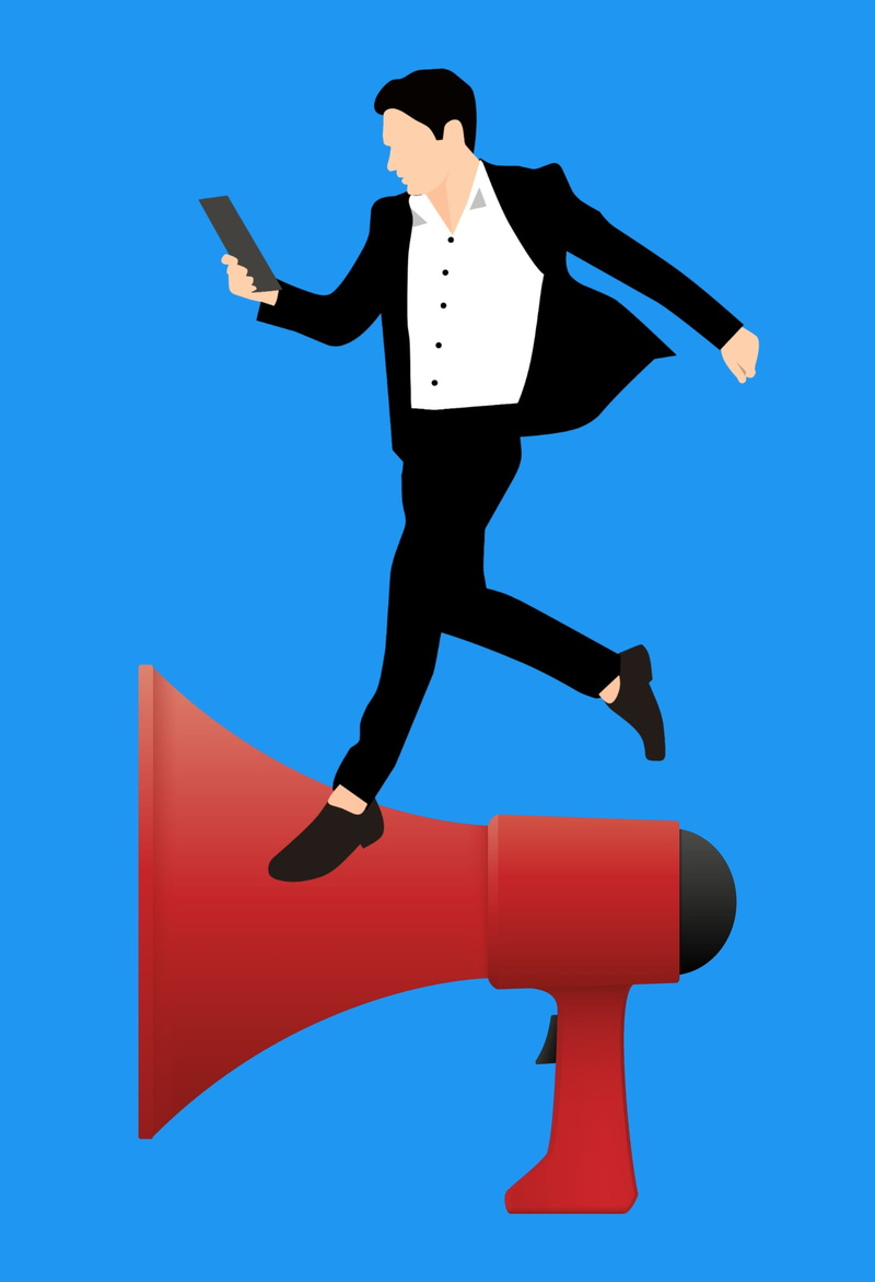 formal, computer, colored background, black, women, marketing, lifestyles, human arm, cut out, caucasian, man, adult, executive, megaphone, businessman