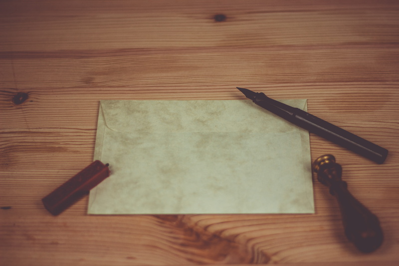 antique, old, directly above, no people, envelope, writing instrument, indoors, contact, message, vintage, black color, wax, sealing wax, post, send, letters