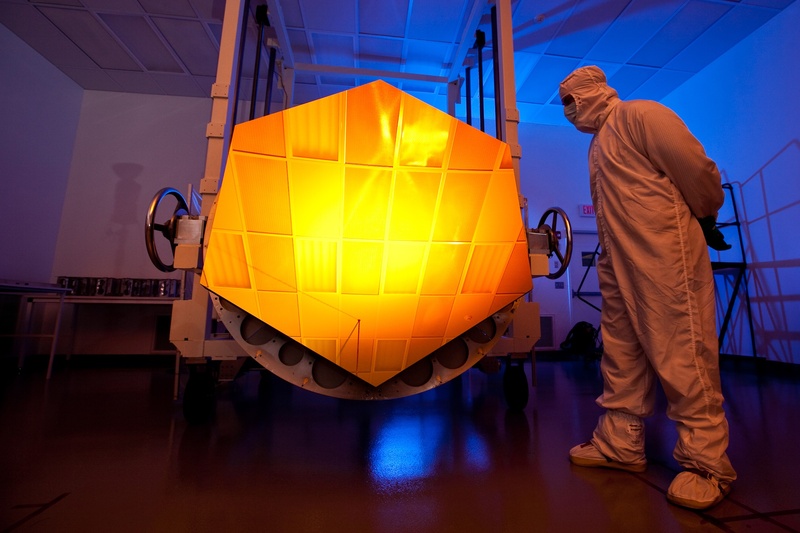 orange, full length, inspection, near, space telescope, architecture, men, man, astronomy, people, hexagonal, blue, scientist, space, suit, technology