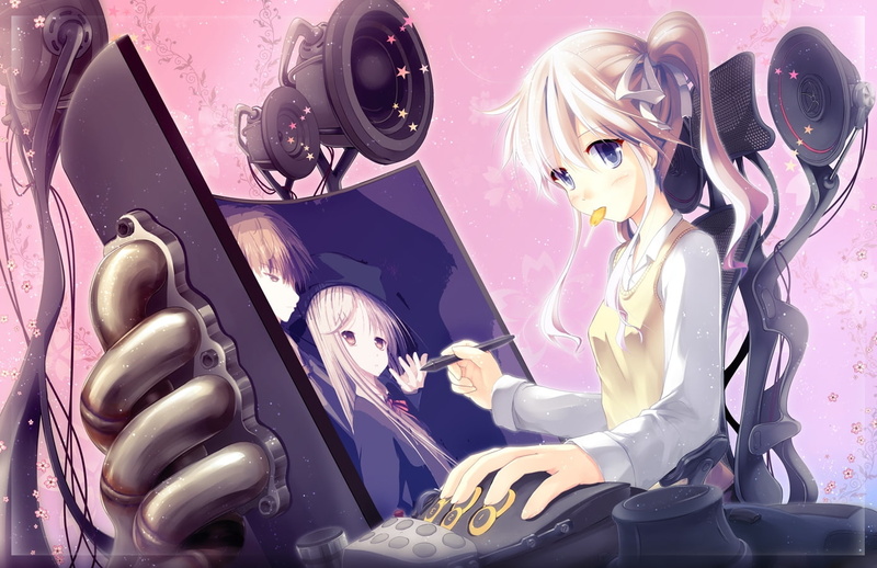 anime girl, robot, toy, education, adult, machinery, human representation, purple, sitting, designer, futuristic, Anime, hairstyle, indoors, music, high tech pc desk