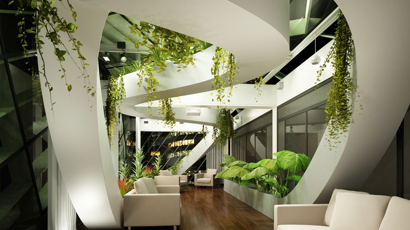 white, light shades, couch, plants, modern, Living room, 4K, high-tech, design, leather