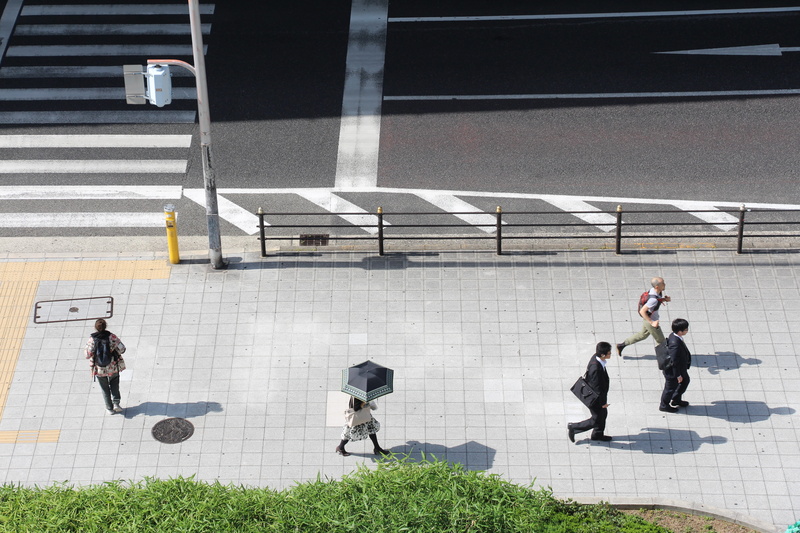 group, near, males, full length, sidewalk, group of people, high angle view, building, people, day, shaddow, architecture, pedestrian crossing, umbrella
