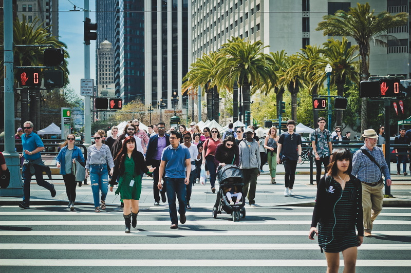 crossing, office building exterior, large group of people, california, city, people, sanfrancisco, women, downtown, adult, port of san francisco, zebra crossing