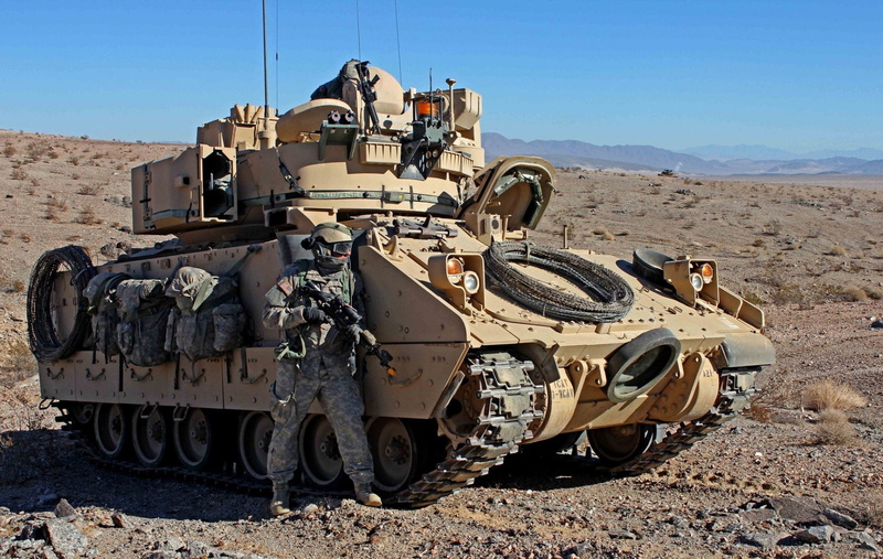 outdoors, M2 Bradley, sky, transportation, clear sky, land, military, landscape, 1080P, scenics - nature, mountain, field, Soldier, day, Armoured Fighting Vehicle