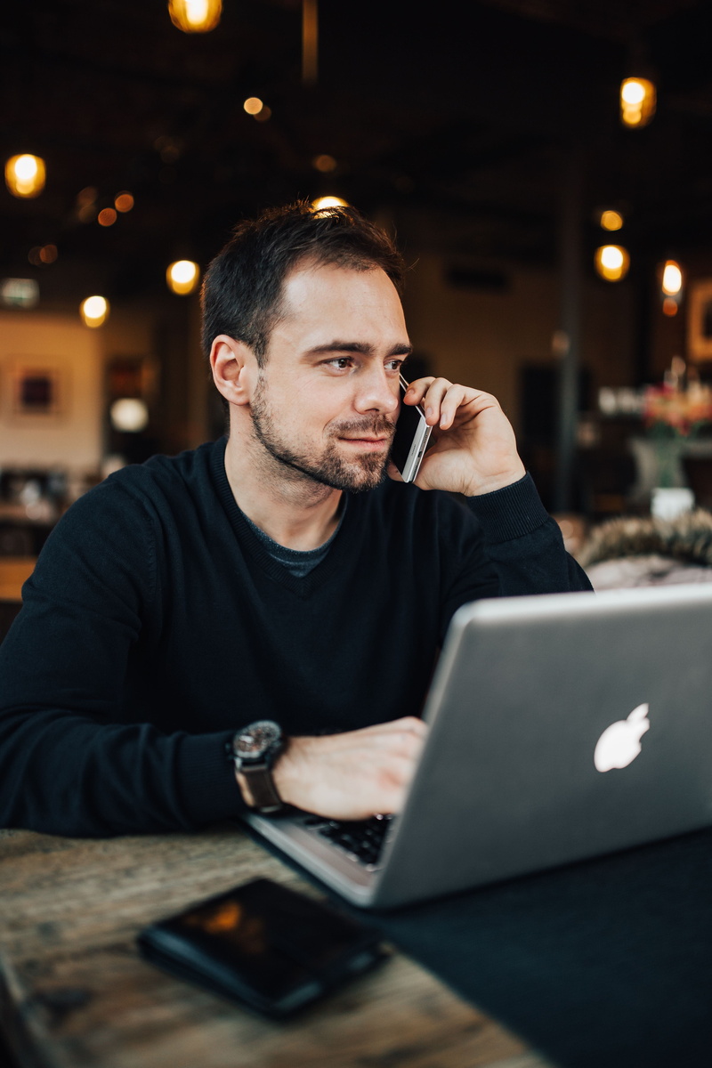 casual, businessman, sitting, computer, relaxation, mid adult, smart Phone, talking, cheerful, adult, computer network, using Laptop, working, typing, macbook