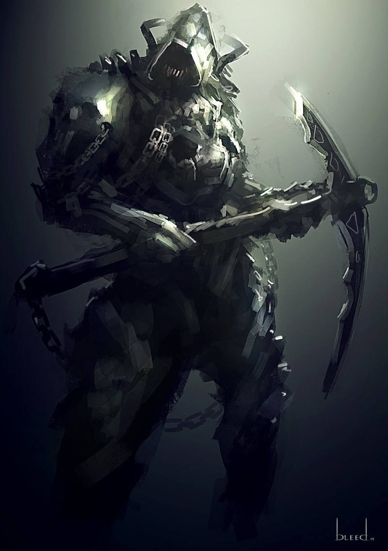 chains, blee-d (Bryan), dark fantasy, fantasy art, 720P, pickaxes, artwork