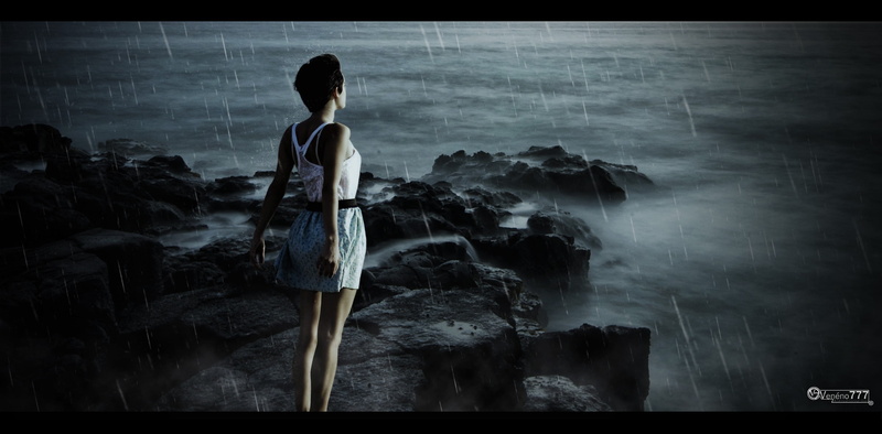 sea, one person, nature, Photoshop, transfer print, women, casual clothing, rain, water, men, photo manipulation, tranquility, emotion, full length, three quarter length