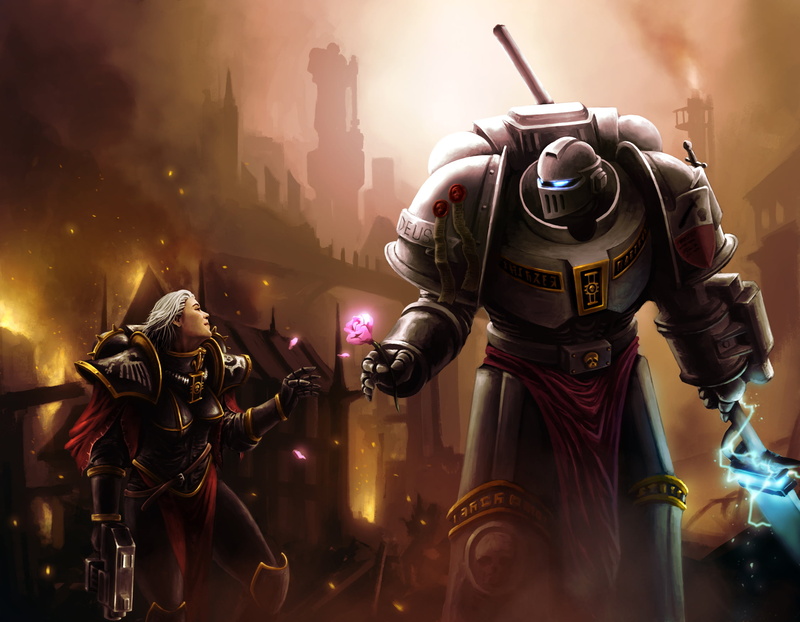 armor, armed Forces, figurine, illuminated, helmet, 1080P, warhammer, editorial, the city, grey knights, warrior, 40k, night, the Inquisitor, smoke - physical structure