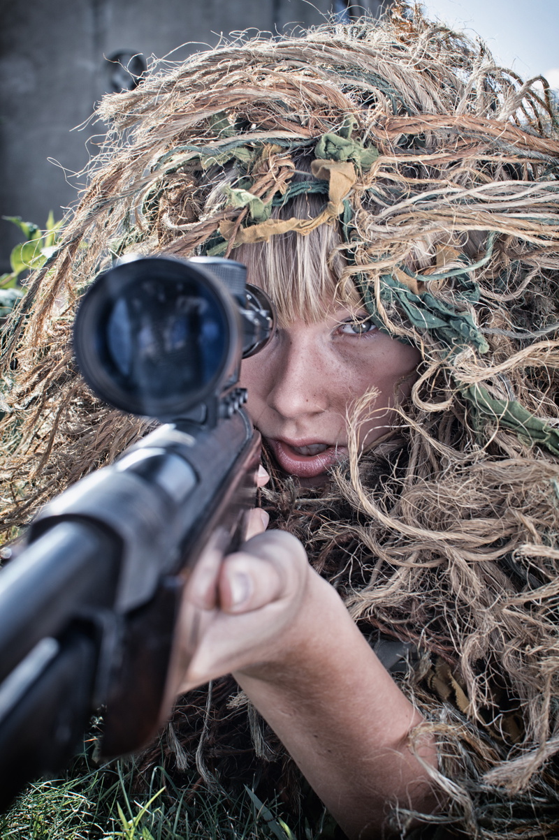 woman, sniper, pointing, headshot, ghillie suit, real people, looking, nature, aiming, leisure activity, 5K, outdoors, young adult, day, shoot, land, holding