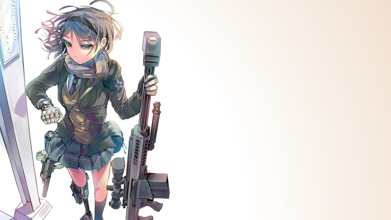 standing, three quarter length, one person, school uniform, machinery, studio shot, Daito, holding, 1080P, anime girls, metal, protection, activity, indoors