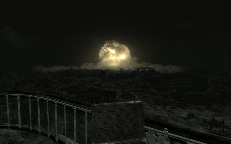 outdoors, building exterior, railing, Megaton, no people, smoke - physical structure, transportation, glowing, water, building, night, cloud - sky, Fallout