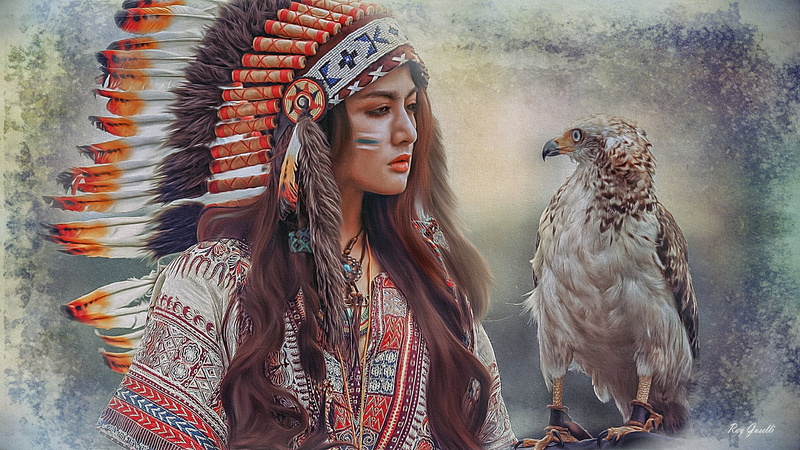 front view, beauty, portrait, beautiful woman, eagle, young women, looking, hair, headwear, girl Indian, native, adult, artwork, fashion, bird, women, one person