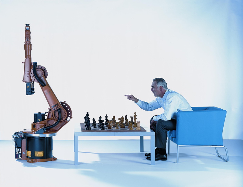 chair, simple background, table, 2K, sitting, robot, old people, board games, men, chess, KUKA, humor