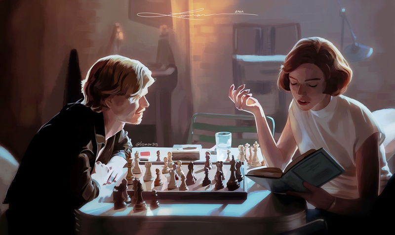 fan art, The Queens Gambit, sitting, Lismar Rojas, men, 1080P, women, short hair, room, Benny Watts, indoors, reading, Thomas Brodie Sangster, Netflix TV Series