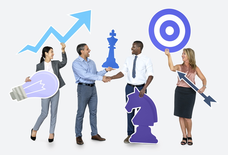 group, arrow symbol, blond hair, coworker, business person, young adult, full length, smiling, communication, together, light bulb, people, young, adult