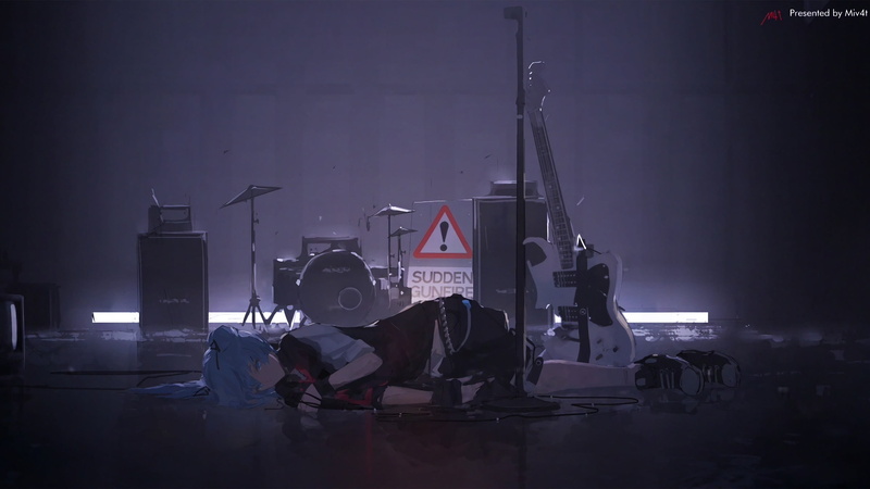 2K, set, Hatsune Miku, sitting, nature, occupation, night, architecture, anime girls, drum, fog, warning sign, black, artwork, men, people, built structure