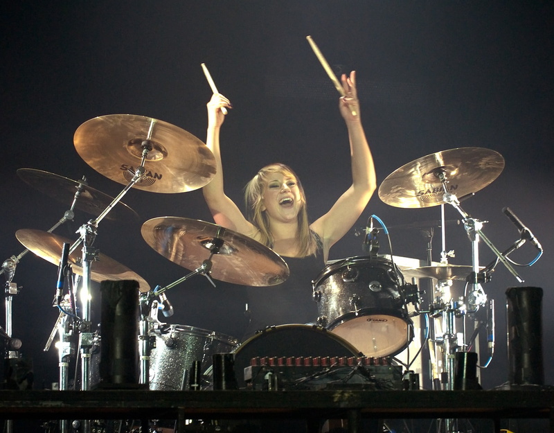 adult, performance, young adult, musical instrument, musician, 1080P, indoors, musical equipment, Jen Ledger, Skillet (band), drum kit, percussion instrument