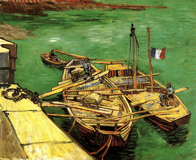 1080P, Quay with Men, boats, Vincent van Gogh, Unloading Sand Barges, flag of France