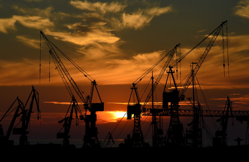 construction equipment, loading, cargo, no people, unloading, transportation, development, crane - construction machinery, delivery, port, silhouette, nautical vessel