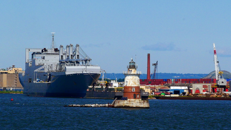 bay, new, chimney, business, new jersey lighthouse, blue sky, no people, light house, robbins reef light, bayonne shipyard, 2K, new york harbor, industrial ship