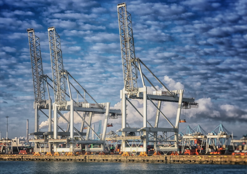 outdoors, huge, sky, port, machinery, crane, goods, Port, Crane, holland, pool, Netherlands, water, clouds, pier, harbor, nautical vessel, transportation