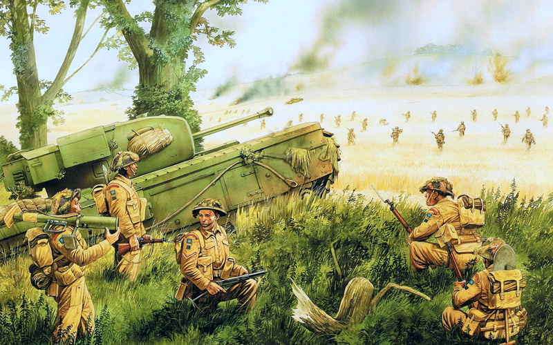 infantry tank, environment, tree, land, field, Infantry, beauty in nature, combat, day, Peter Dennis, male likeness, Churchill, soldier, green color