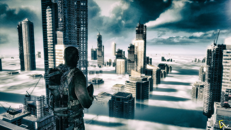 rear view, skyscraper, lifestyles, buildings, built structure, urban skyline, 2K, outdoors, city, man, office, backpack, sky, facing, financial district