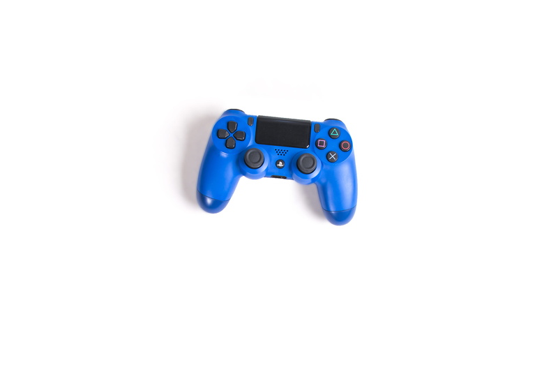 still life, power supply, white, blue, indoors, colors, studio shot, directly above, white color, single object, representation, dualshock, white background
