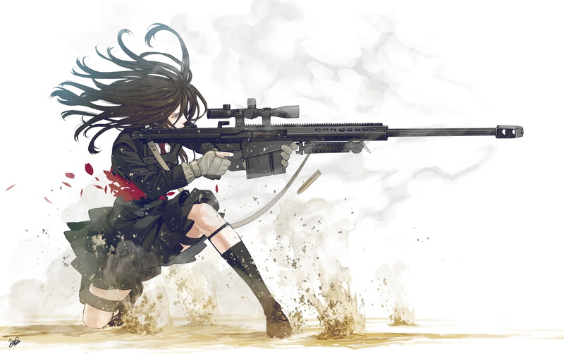 Uniform, Skirt, women, Anime Girls, anime, White Background, blood, Dark Hair, weapon, Simple Background, 1080P, Barrett .50 Cal, School Uniform, Original