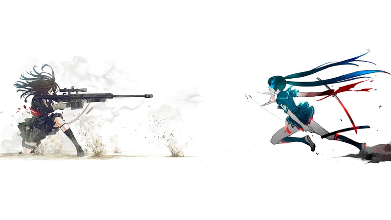 dark hair, white background, anime, women, Barrett .50 Cal, 1080P, anime girls, Barret, blood, school uniform, gun, simple background, katana, blue hair