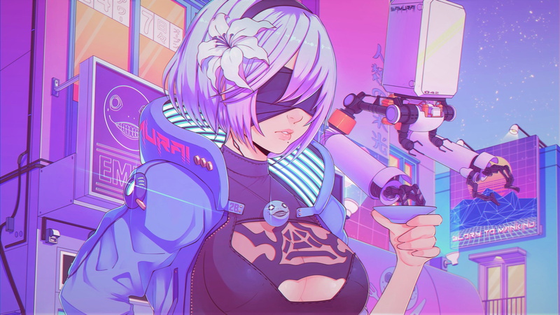 cyberpunk, blonde, anime girls, 2B (Nier: Automata), Nier: Automata, Cyberpunk 2077, robot, short hair, Retrowave, anime, 2K, barrette