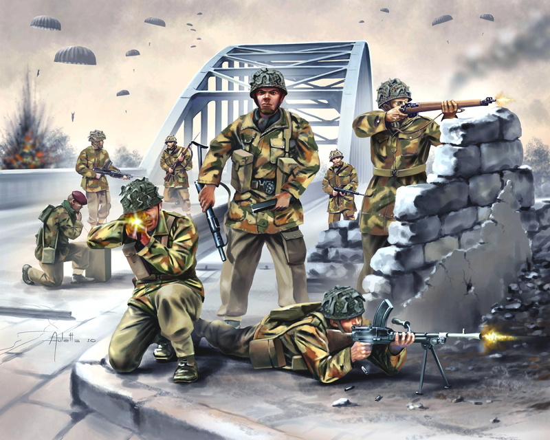 art, bridge, figure, coloring, shooting, landing, skydivers, British paratroopers, weapons, soldiers, equipment, WW2, 1080P