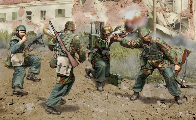 WW2, art, figure, Faust cartridge, Italian paratroopers, weapons, machines, painting, ammunition, the city, carbines, four, war, equipment, 2K, soldiers