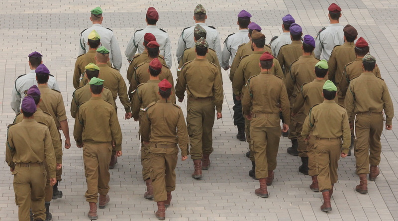 city, in a row, army, walking, warm clothing, day, people, officers, outdoors, israel, group of people, paratroopers, women, rear view, idf, crowd, leisure activity
