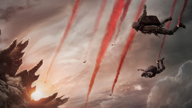 dinosaur, sunlight, godzilla, skydive, paratroopers, 1080P, smoke, soldiers